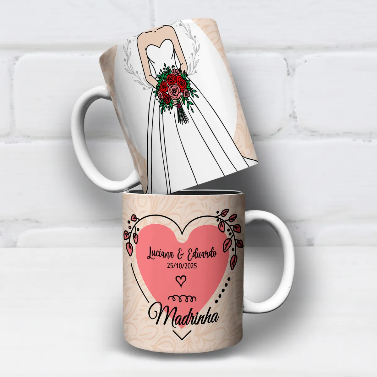 arte para caneca madrinha de casamento com noiva de buquê, com nomes do casal e data personalizáveis