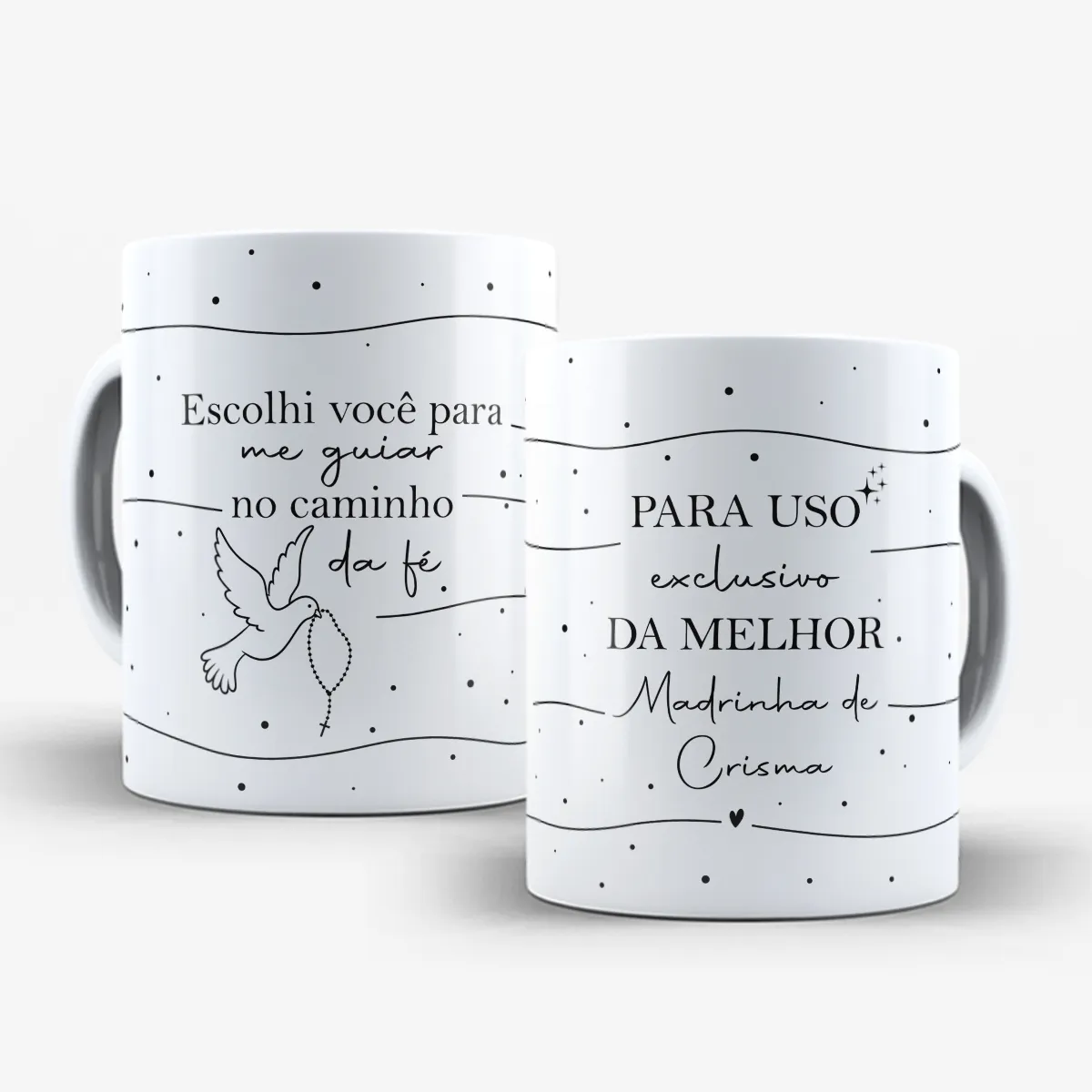 arte para caneca madrinha de crisma caminho da fé com pomba segurando terço e frase de fé