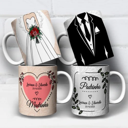 arte para caneca madrinha e padrinho de casamento com noiva de buquê e noivo de traje social, com nomes do casal e data personalizáveis