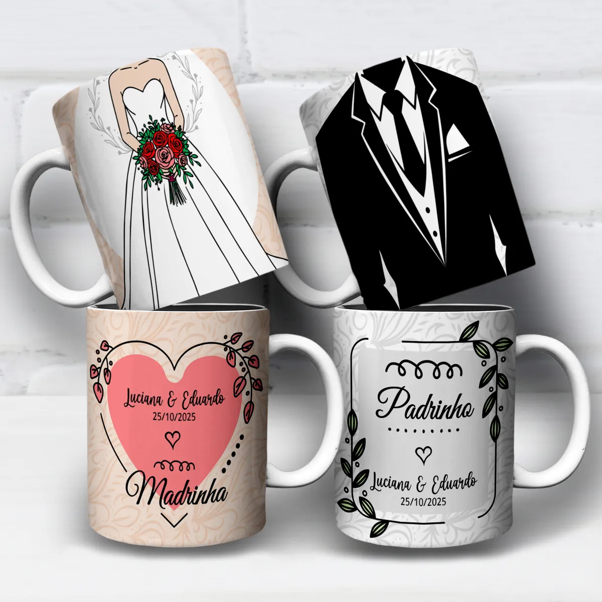 arte para caneca madrinha e padrinho de casamento com noiva de buquê e noivo de traje social, com nomes do casal e data personalizáveis