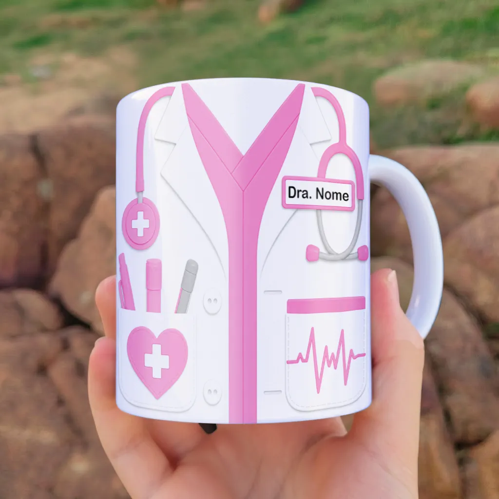 arte para caneca médica jaleco 3D com nome, jaleco 3d rosa com espaço para nome