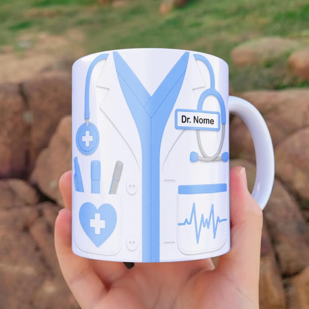 arte para caneca médico jaleco 3D com nome, jaleco 3d azul com espaço para nome