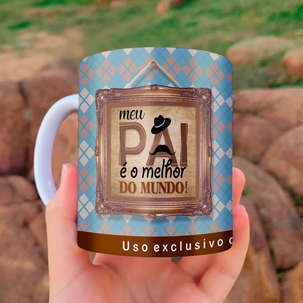 arte para caneca dia dos pais meu pai é o melhor do mundo e fundo azul com losangos