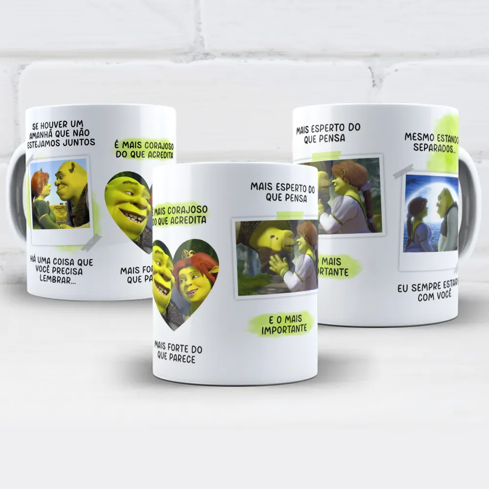 arte para caneca namorados shrek e fiona se houver o amanhã com retratos do casal em molduras polaroid e coração