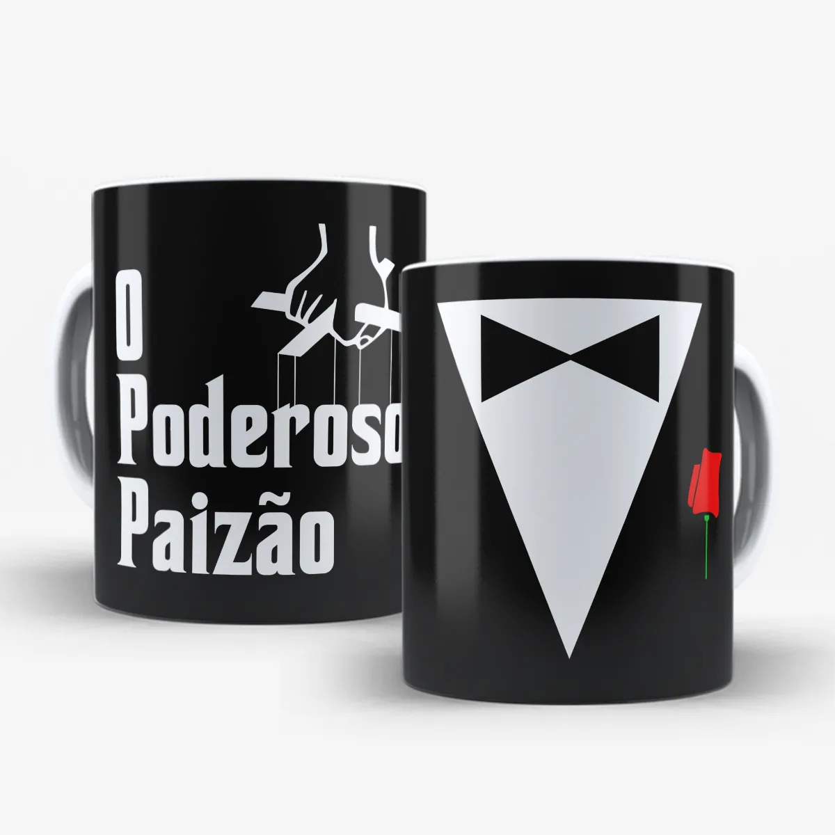 arte para caneca o poderoso paizão dia dos pais com frase em destaque, mão segurando fios de marionete, terno com gravata borboleta e rosa vermelha