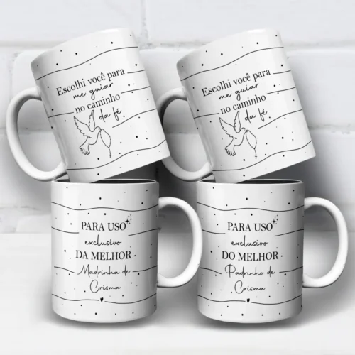 arte para caneca padrinho e madrinha de crisma caminho da fé com pomba segurando terço e frase de fé