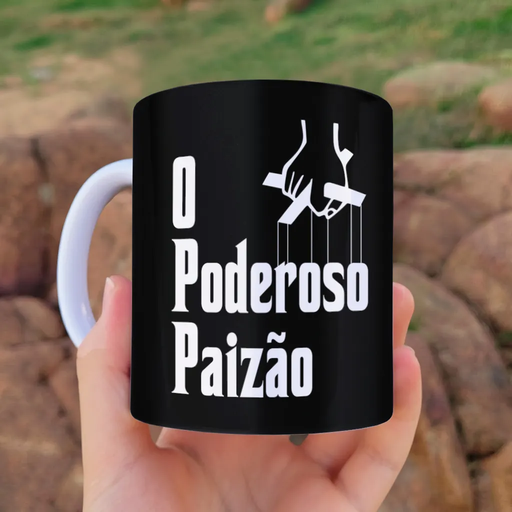 arte para caneca o poderoso paizão dia dos pais com frase em destaque e mão segurando fios de marionete