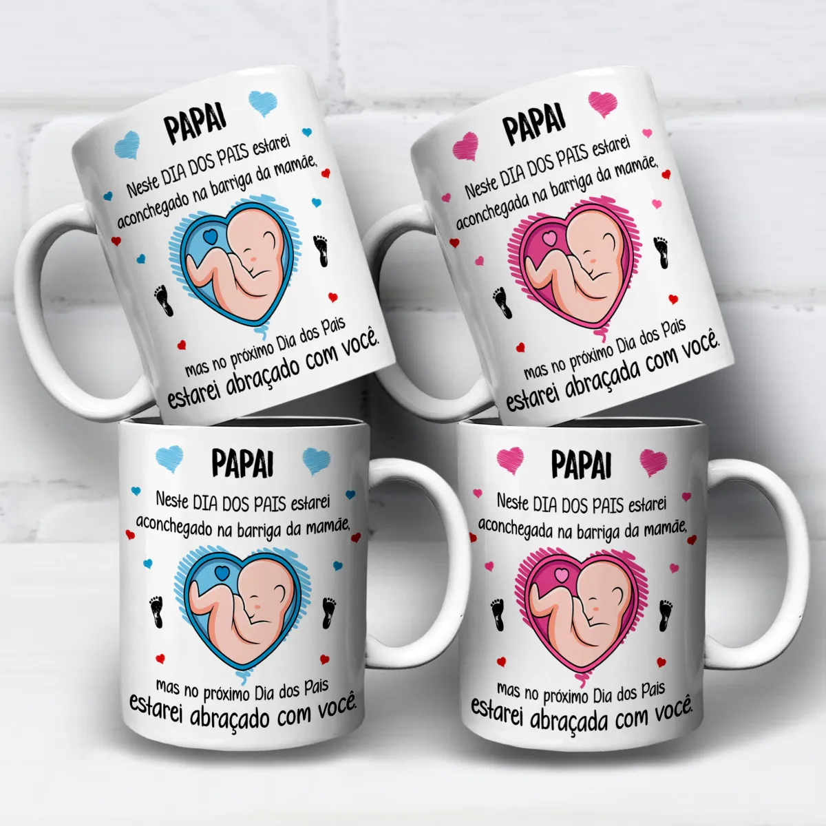 arte para caneca primeiro dia dos pais futuro papai: coração com bebê na barriga, corações e pezinhos, uma versão em tons azul e outra em tons rosa