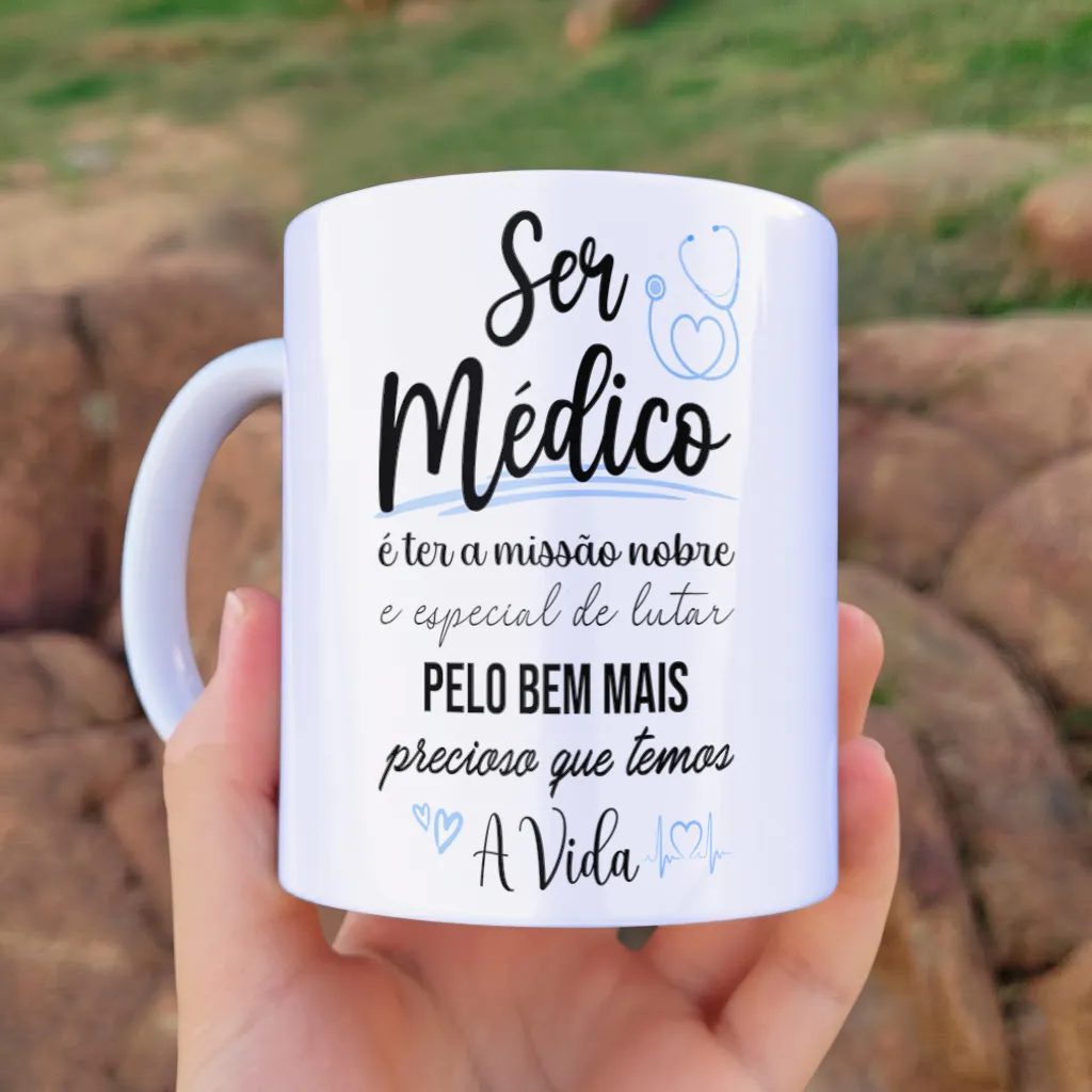 arte para caneca médico jaleco 3D com nome, detalhes em azul, estetoscópio e frase sobre a missão de cuidar da vida