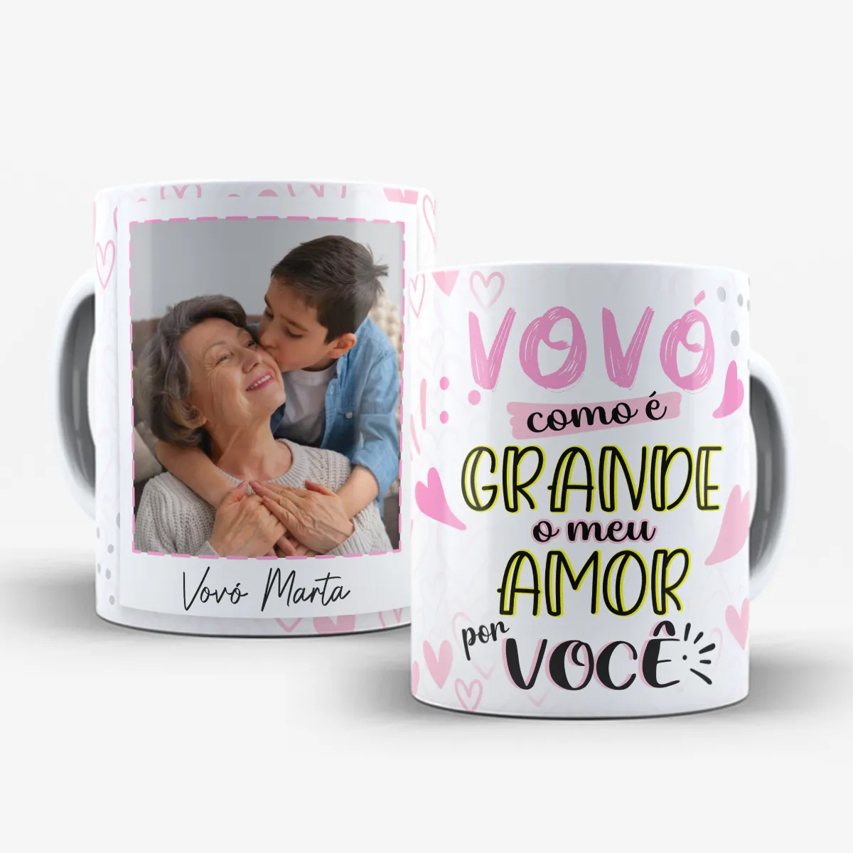 arte para caneca vovó como é grande o meu amor por você, com corações suaves em tons de rosa e espaço para foto e nome personalizados