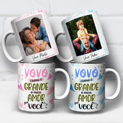 arte para caneca vovó e vovô como é grande o meu amor por você, com corações suaves e espaço para foto e nome personalizados