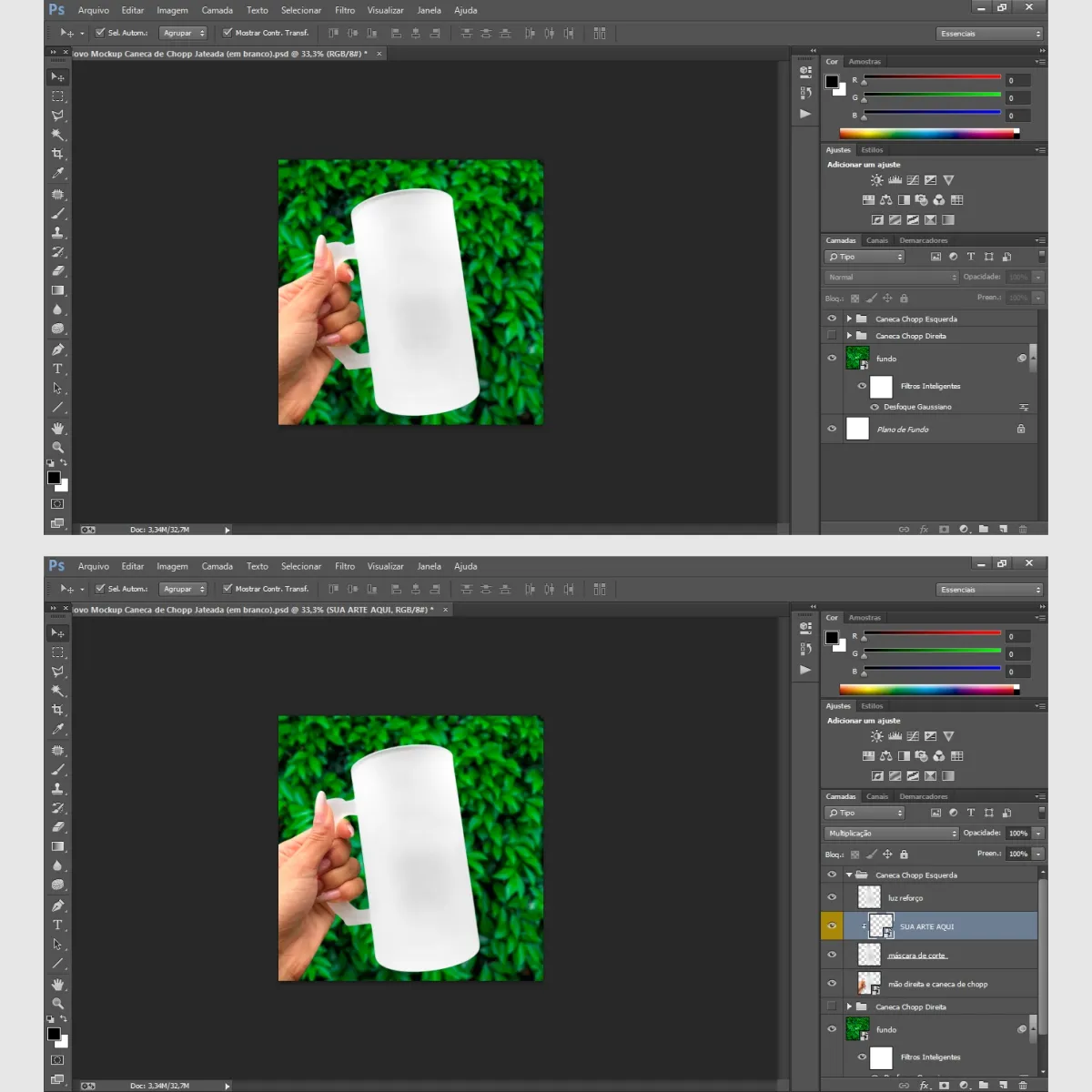 mockup para caneca de chopp jateada em PSD, segurada pela mão, com alça à esquerda ou direita