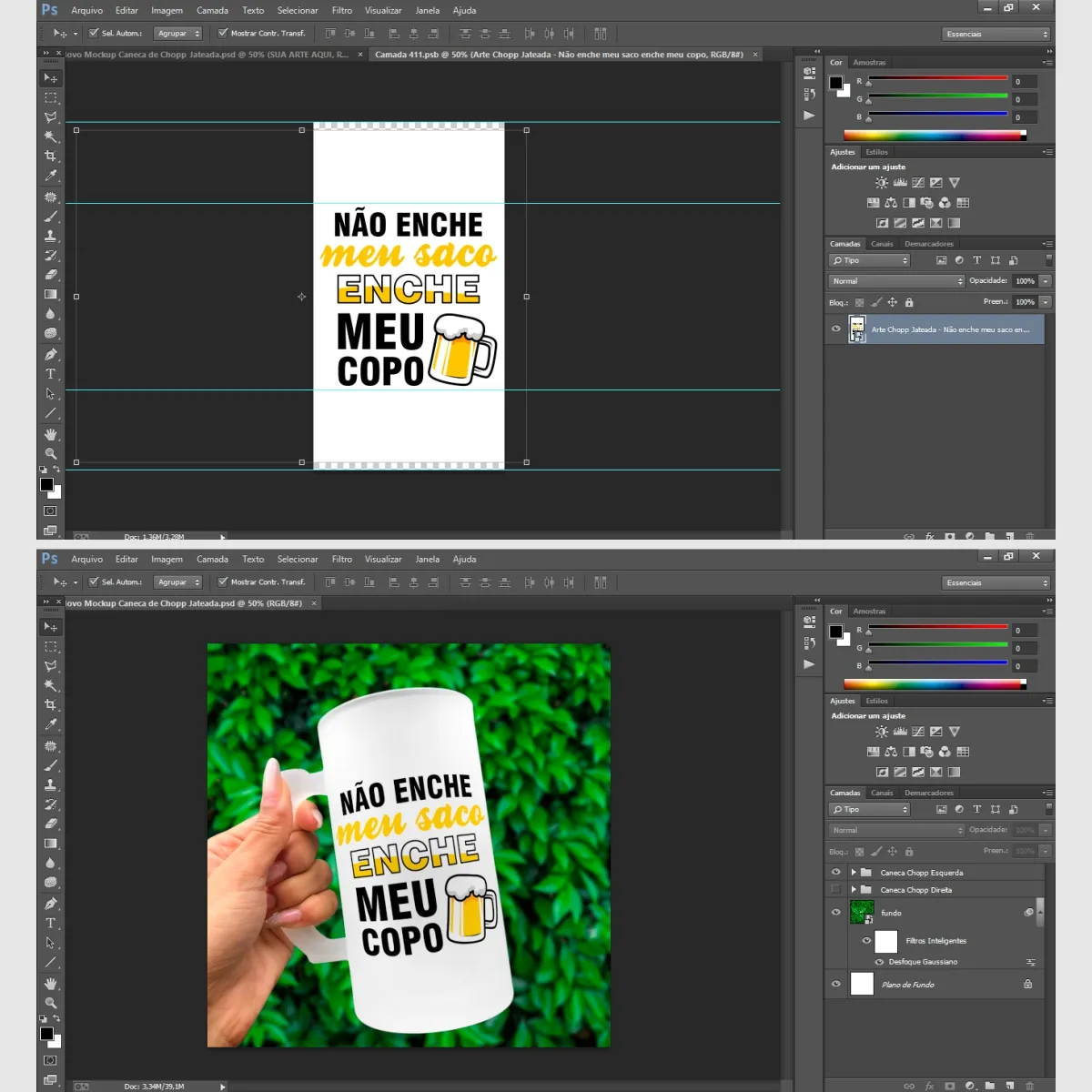 mockup para caneca de chopp jateada em PSD, segurada pela mão, com alça à esquerda ou direita