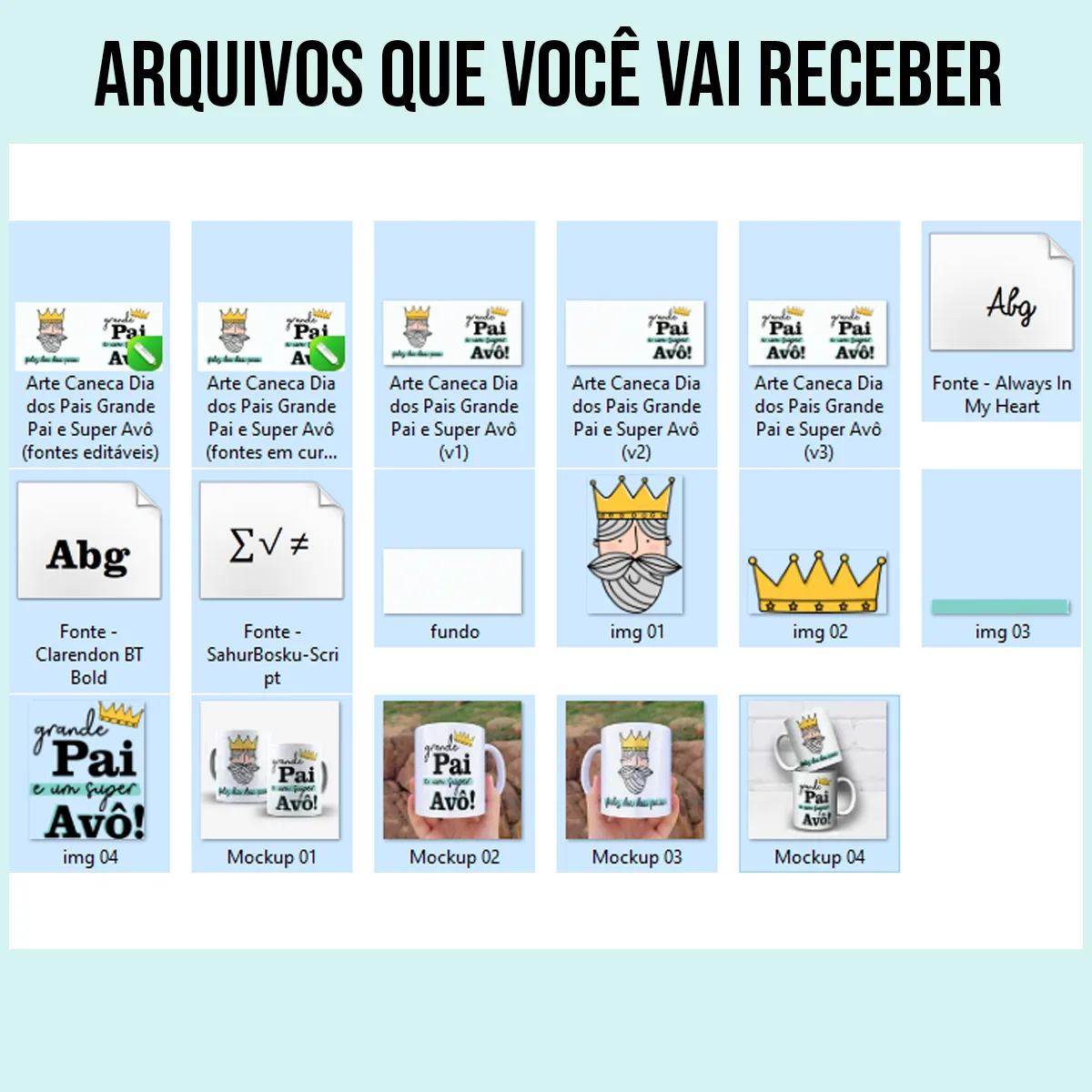arquivos da arte para caneca dia dos pais avô grande pai super avô: vovô com coroa dourada, frase "feliz dia dos pais" e "grande Pai e um Super Avô", fundo com bolinhas azul-claro