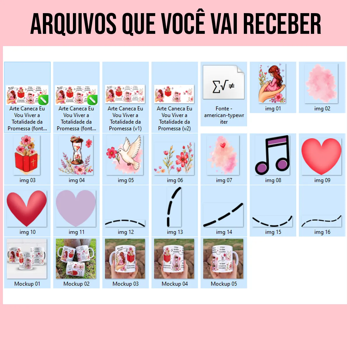 arquivos da arte para caneca eu vou viver a totalidade da promessa deus de obras completas: menina em oração, Bíblia vermelha com cruz, ampulheta e pomba, elementos florais