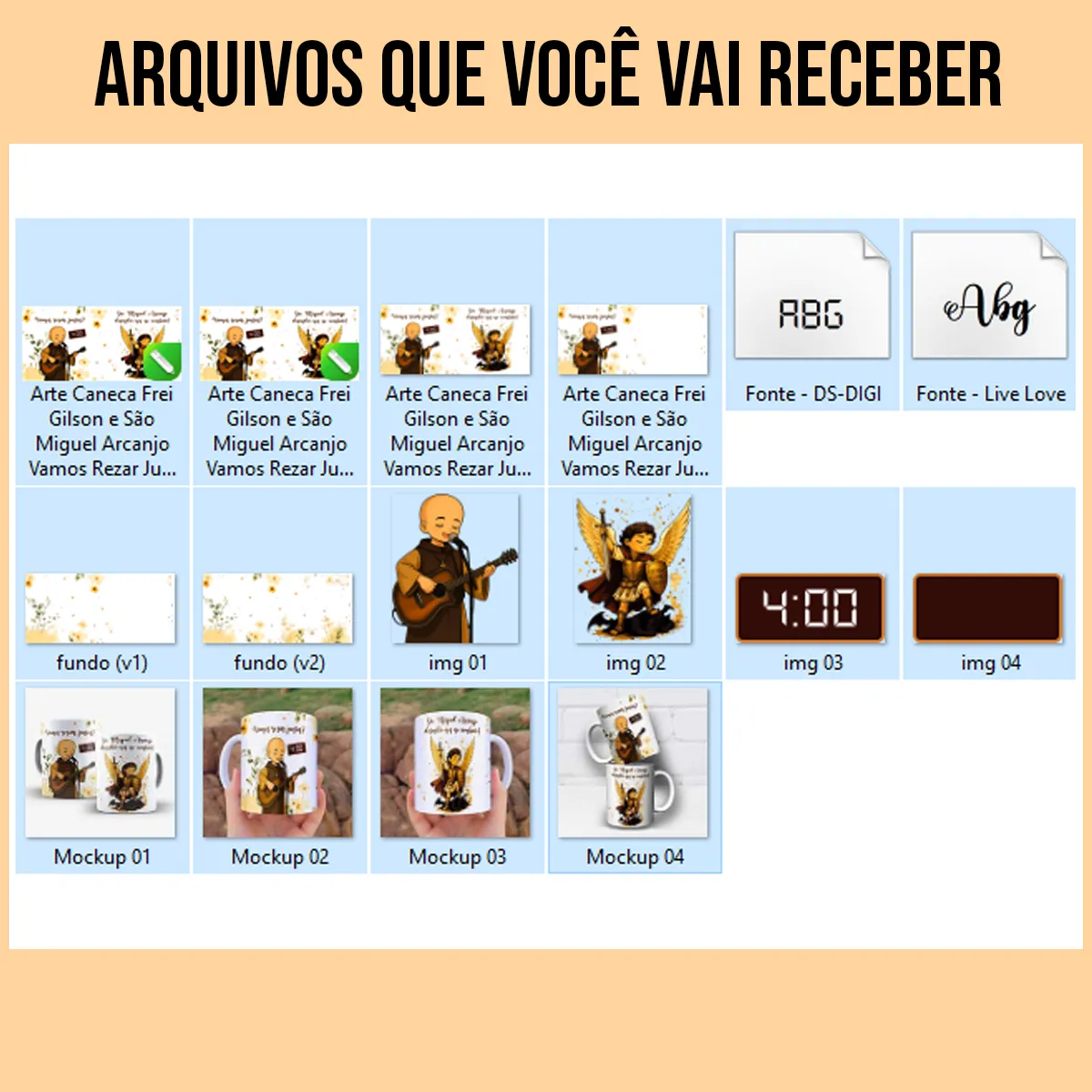 arquivos da arte para caneca Frei Gilson e São Miguel Arcanjo Vamos Rezar Juntos: Frei Gilson toca violão às 4h com "Vamos rezar juntos?" e São Miguel Arcanjo com espada, escudo e asas
