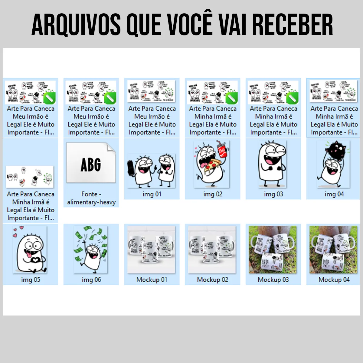 arte para caneca minha irmã é legal ela é muito importante, com personagens Flork, pizza, refrigerante, gatinho e notas de dinheiro