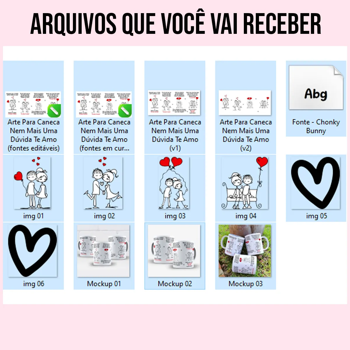 arquivos da arte para caneca nem mais uma dúvida te amo: ilustrações fofas de um casal de mãos dadas cercado por corações, com frases românticas em vermelho e preto
