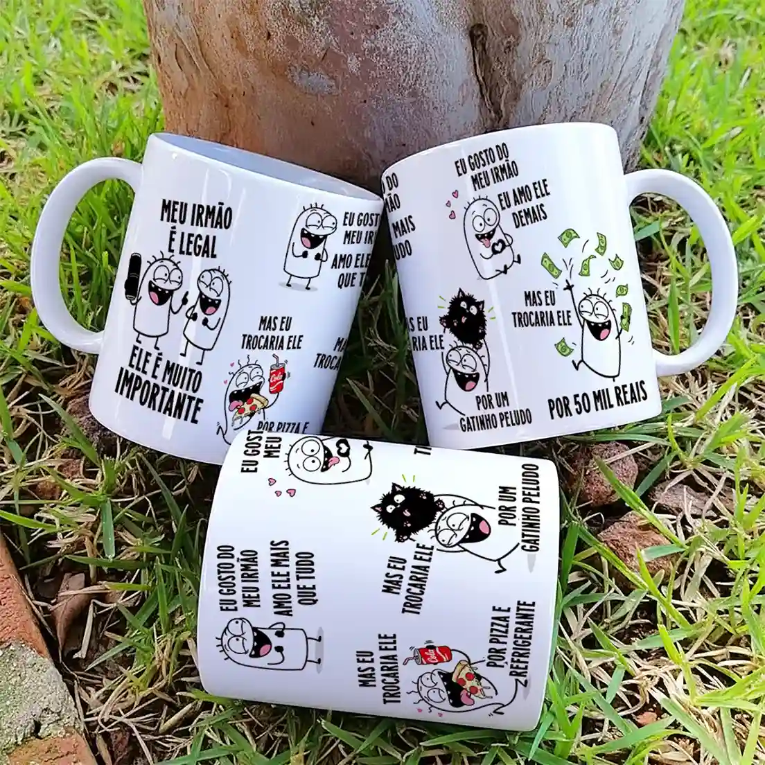 arte para caneca meu irmão é legal ele é muito importante, com personagens Flork, pizza, refrigerante, gatinho e notas de dinheiro