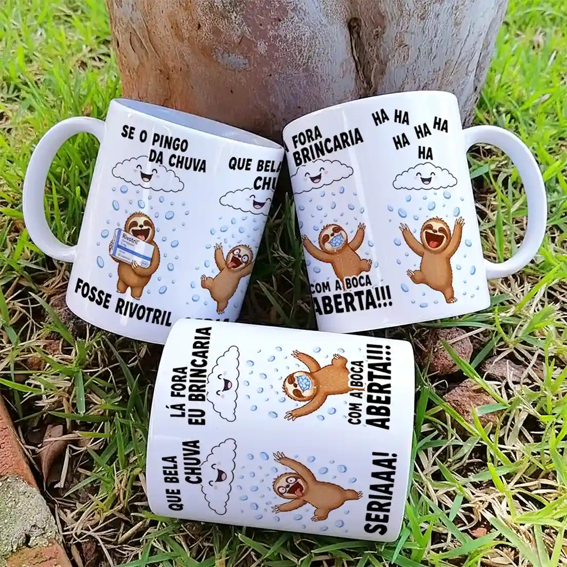 arte para caneca se o pingo da chuva fosse Rivotril bicho preguiça, com bichos-preguiça em meio a gotas de chuva e frases bem humoradas e divertidas