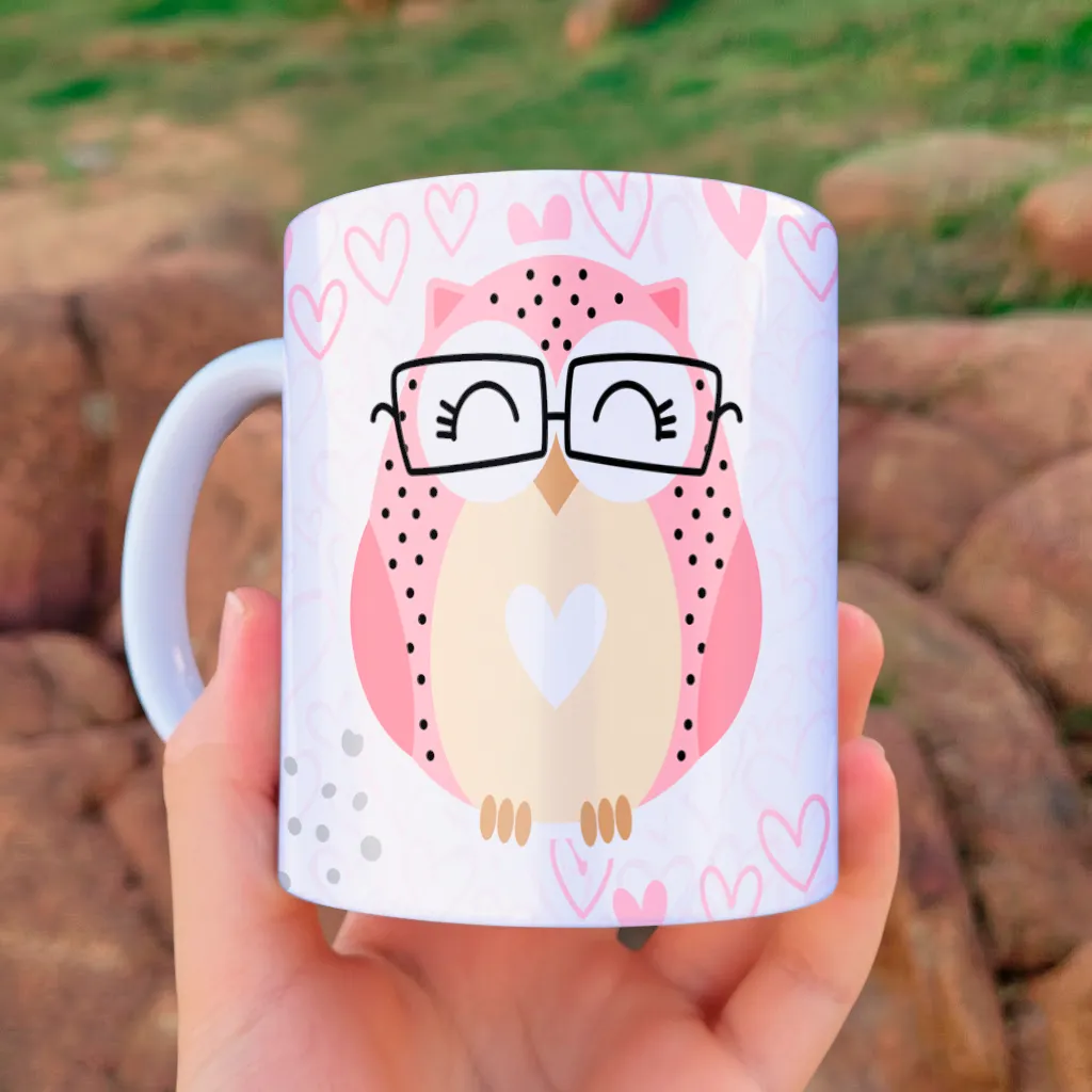 arte para caneca vovó coruja com óculos e coração, versão rosa, com frase de homenagem para as avós