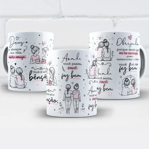 arte para caneca Deus abençoe sua vida minha amiga: ilustrações de duas amigas com corações em preto e rosa e frase de gratidão e amizade