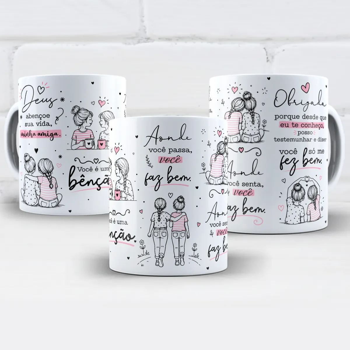 arte para caneca Deus abençoe sua vida minha amiga: ilustrações de duas amigas com corações em preto e rosa e frase de gratidão e amizade