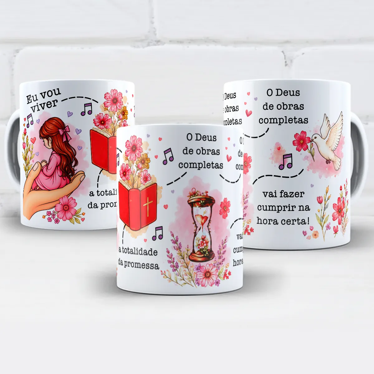 arte para caneca eu vou viver a totalidade da promessa deus de obras completas: menina em oração, Bíblia vermelha com cruz, ampulheta e pomba, elementos florais