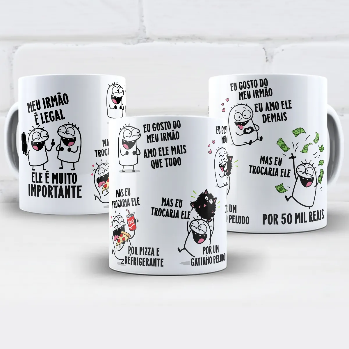 arte para caneca meu irmão é legal ele é muito importante, com personagens Flork, pizza, refrigerante, gatinho e notas de dinheiro