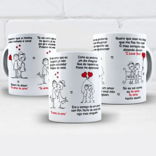 arte para caneca nem mais uma dúvida te amo: ilustrações fofas de um casal de mãos dadas cercado por corações, com frases românticas em vermelho e preto