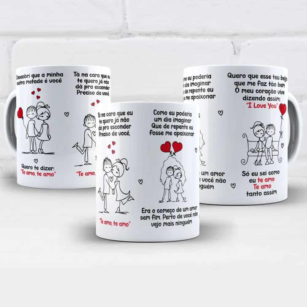 arte para caneca nem mais uma dúvida te amo: ilustrações fofas de um casal de mãos dadas cercado por corações, com frases românticas em vermelho e preto