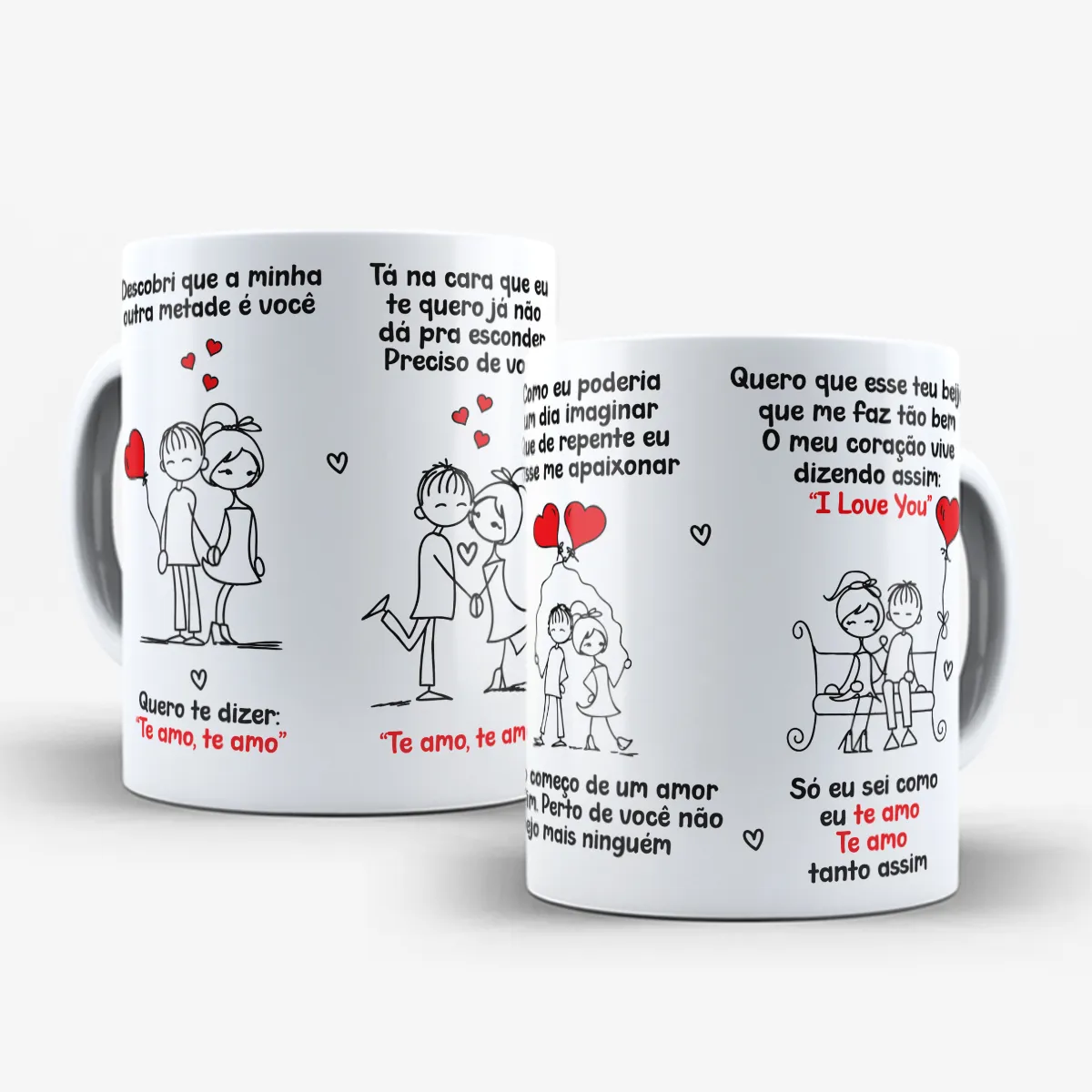 arte para caneca nem mais uma dúvida te amo: ilustrações fofas de um casal de mãos dadas cercado por corações, com frases românticas em vermelho e preto