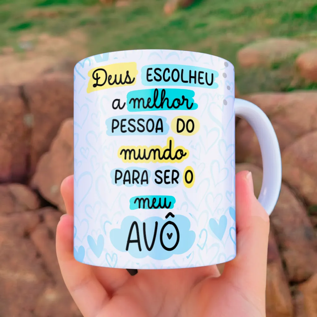 arte para caneca vovô coruja com óculos e coração, versão azul, com frase de homenagem para os avôs