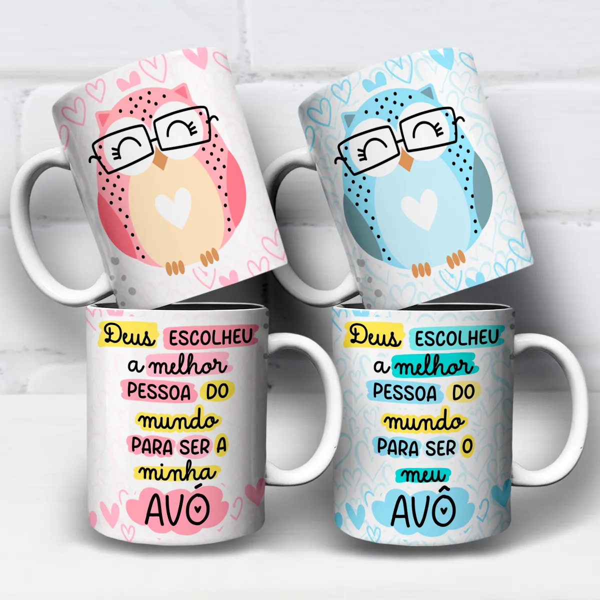 arte para caneca vovó e vovô coruja com óculos e coração, versões rosa e azul, com frase de homenagem aos avós