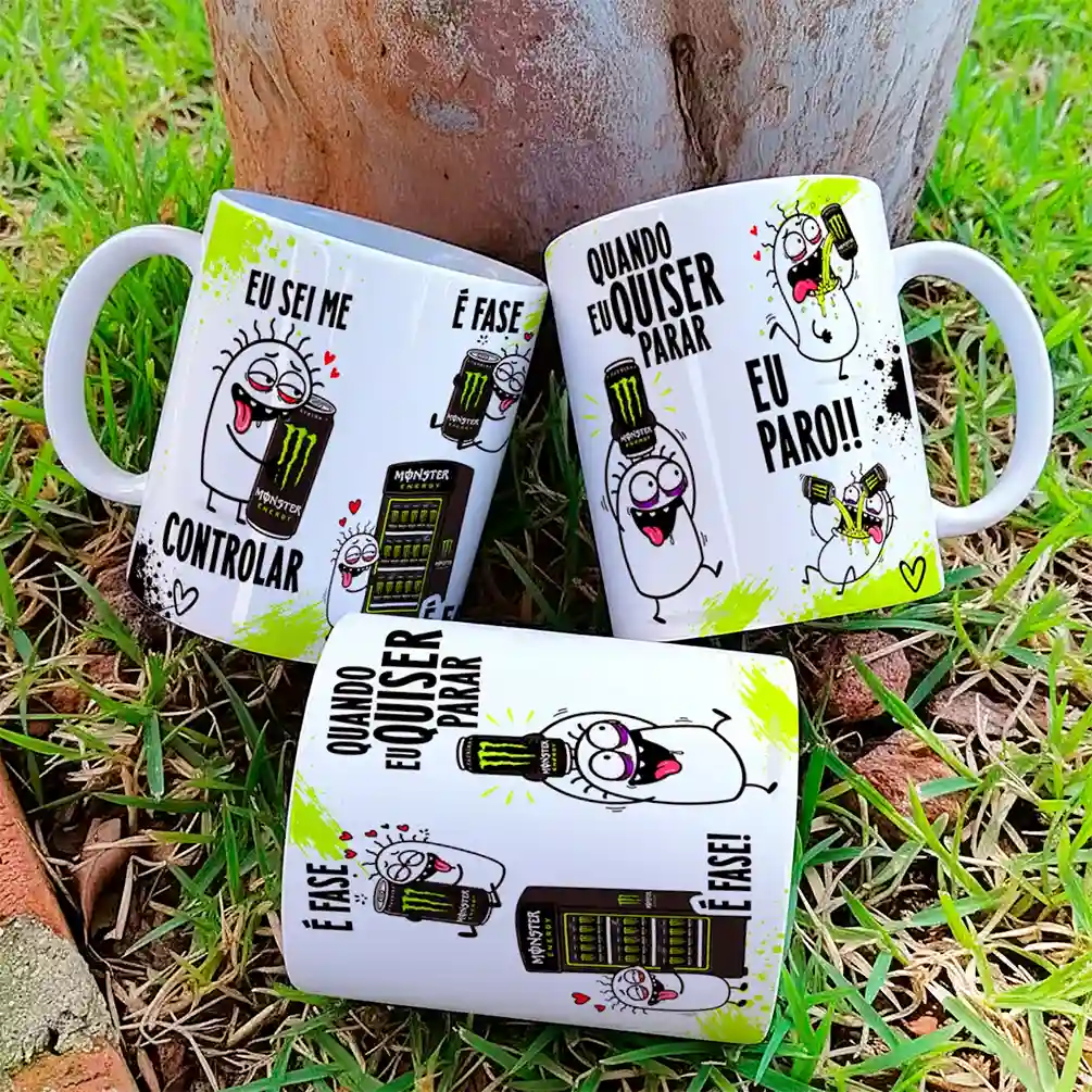 arte para caneca eu sei me controlar é fase monster flork com personagens abraçando latas de energético ao lado das frases eu sei me controlar, é fase e quando eu quiser parar eu paro