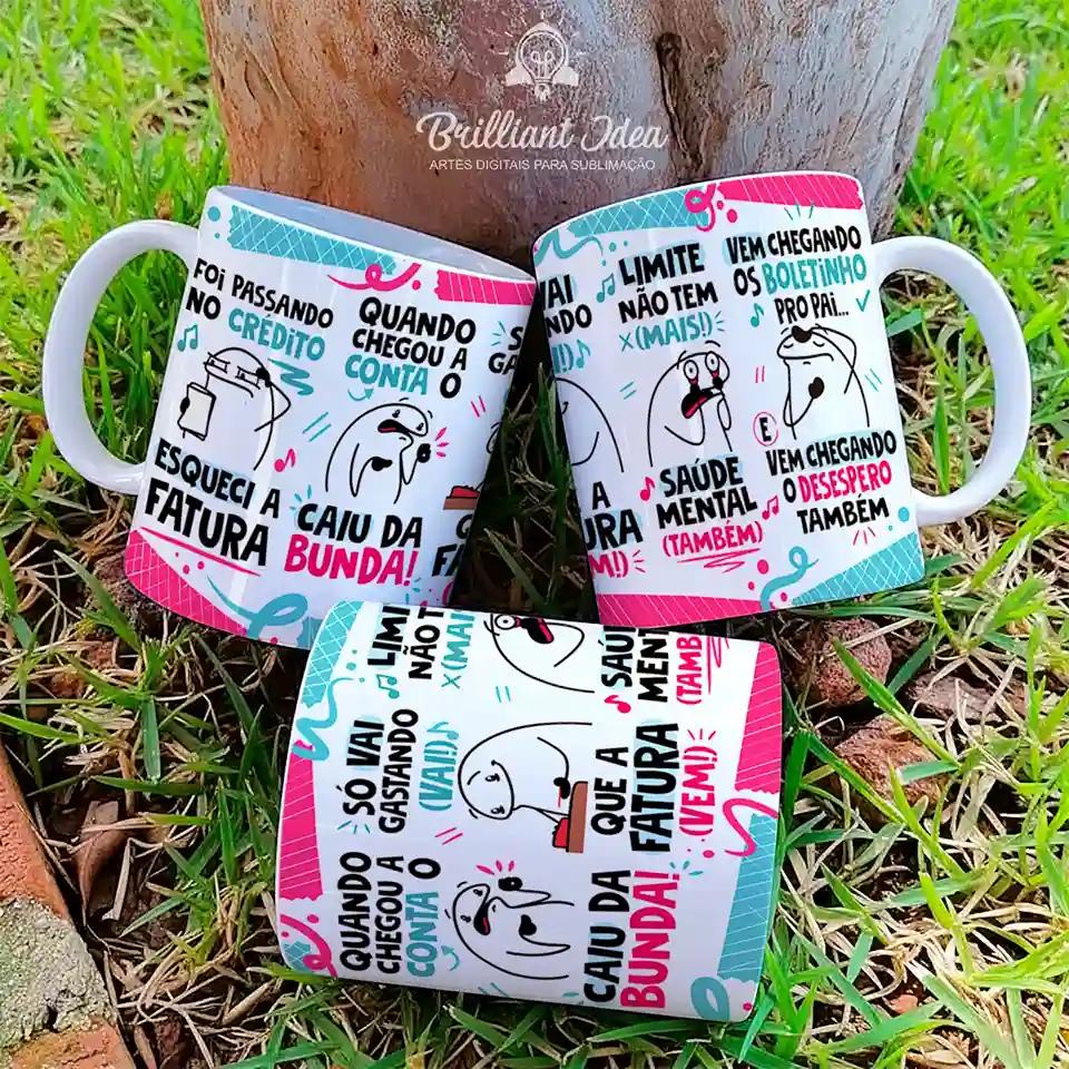 arte para caneca foi passando no crédito esqueci a fatura flork, personagens Flork com frases sobre gastar no cartão e o desespero ao chegar a fatura