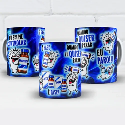 arte para caneca eu sei me controlar é fase enantato maromba flork, personagens Flork segurando frascos Enantato, Deca, Dura, Trembo e Masteron sobre fundo azul
