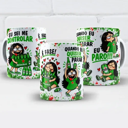 arte para caneca eu sei me controlar é fase Heineken menina, personagem segurando engradado, balde com garrafas e lata, com frases eu sei me controlar, é fase e quando eu quiser parar eu paro